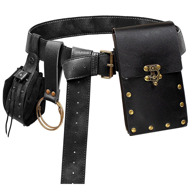KOTORA Renaissance Belt Pouch Coin Purse Skirt Hike Set Medieval Festival Costume Halloween Accessories Casual Fanny Pack Waist Bag (2Pouch-Black) - Image 1